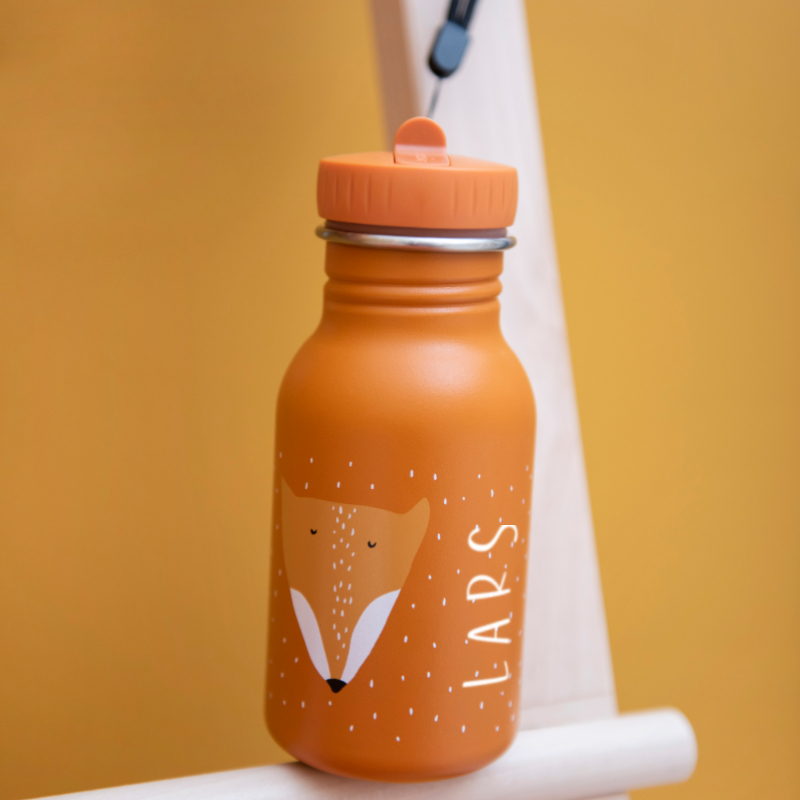 Kindertrinkflasche, Bambus- / Metall-Flasche, orange Farbe, Tiermotiv Fuchs, Trinkverschluss