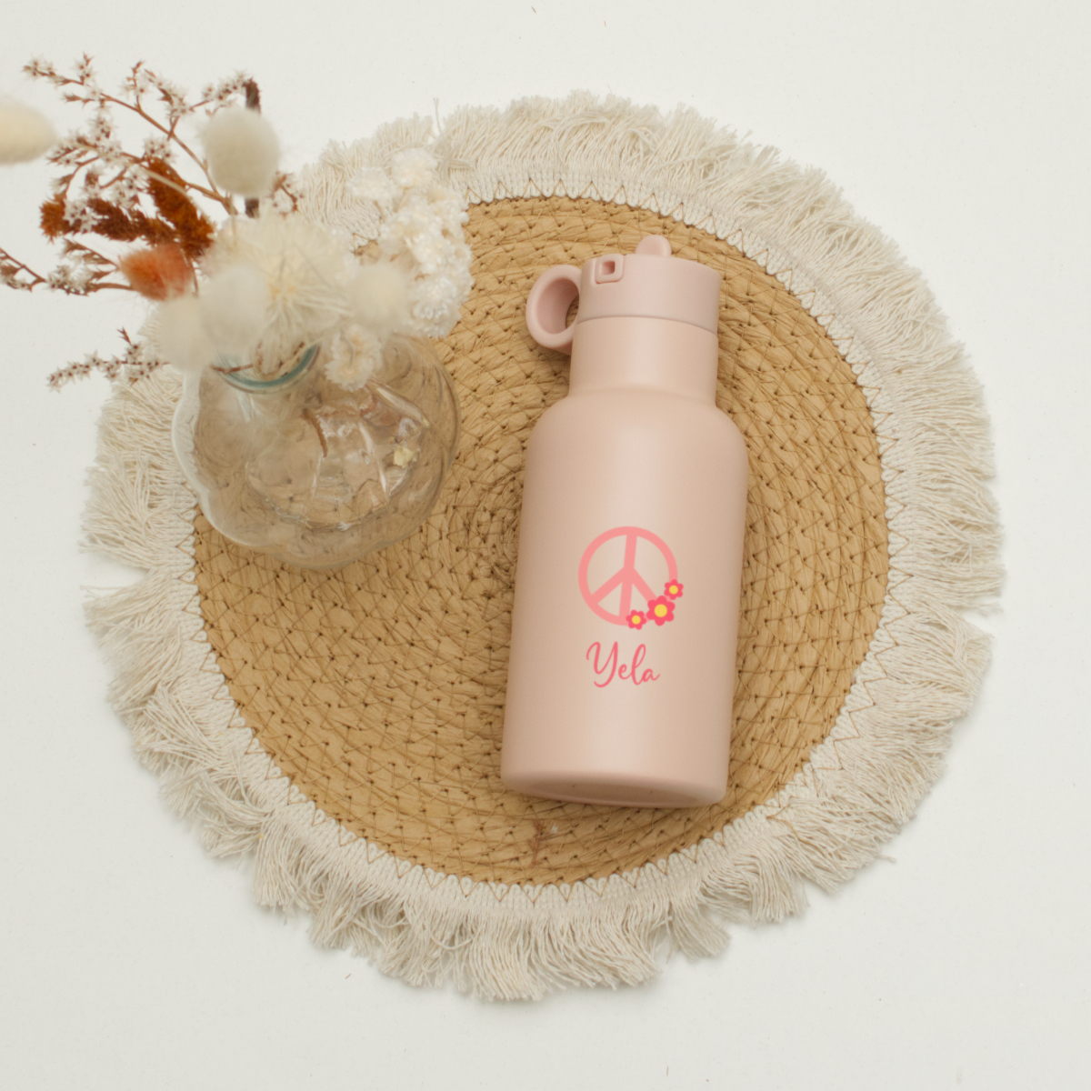Wasserflasche, rosa Flasche, Peace-Zeichen, Blumenmuster, wiederverwendbare Flasche