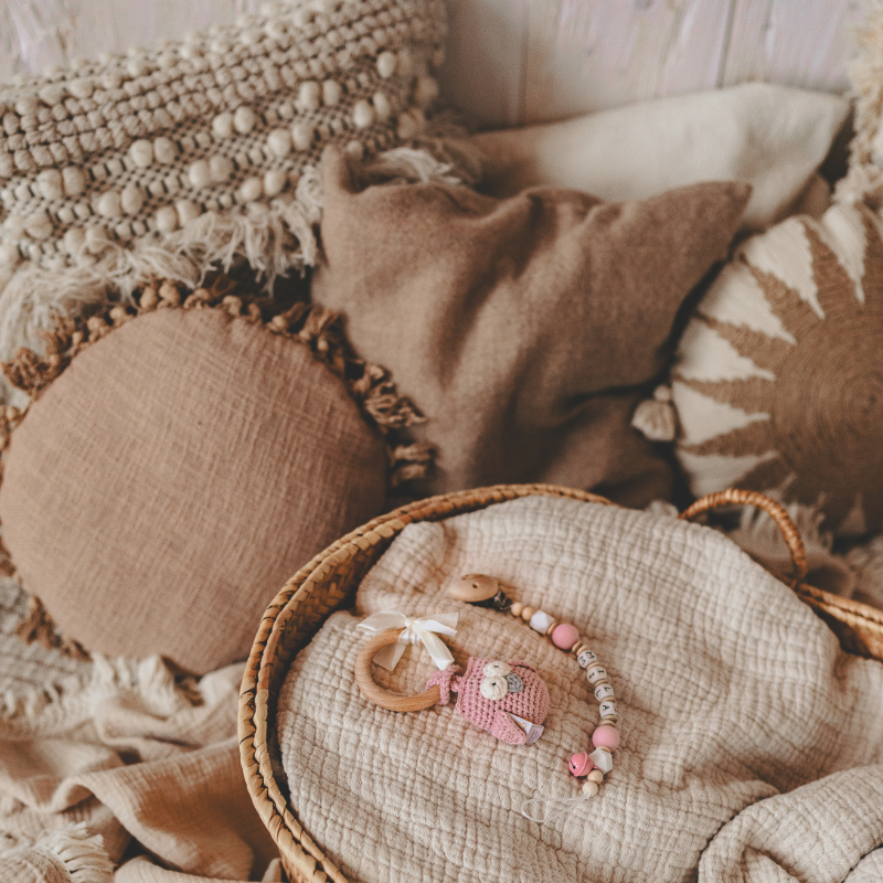 baby rattle, handmade toy, wooden ring, pink crochet, soft blanket