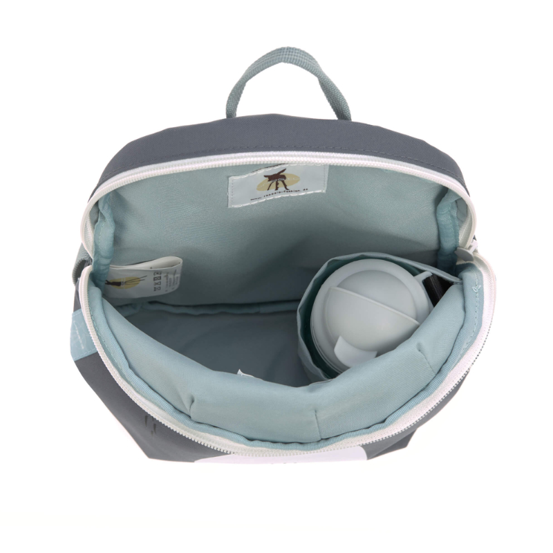 Mini-Rucksack, Baumwollstoff, Hellblau, Flaschenhalter, Reißverschlussverschluss