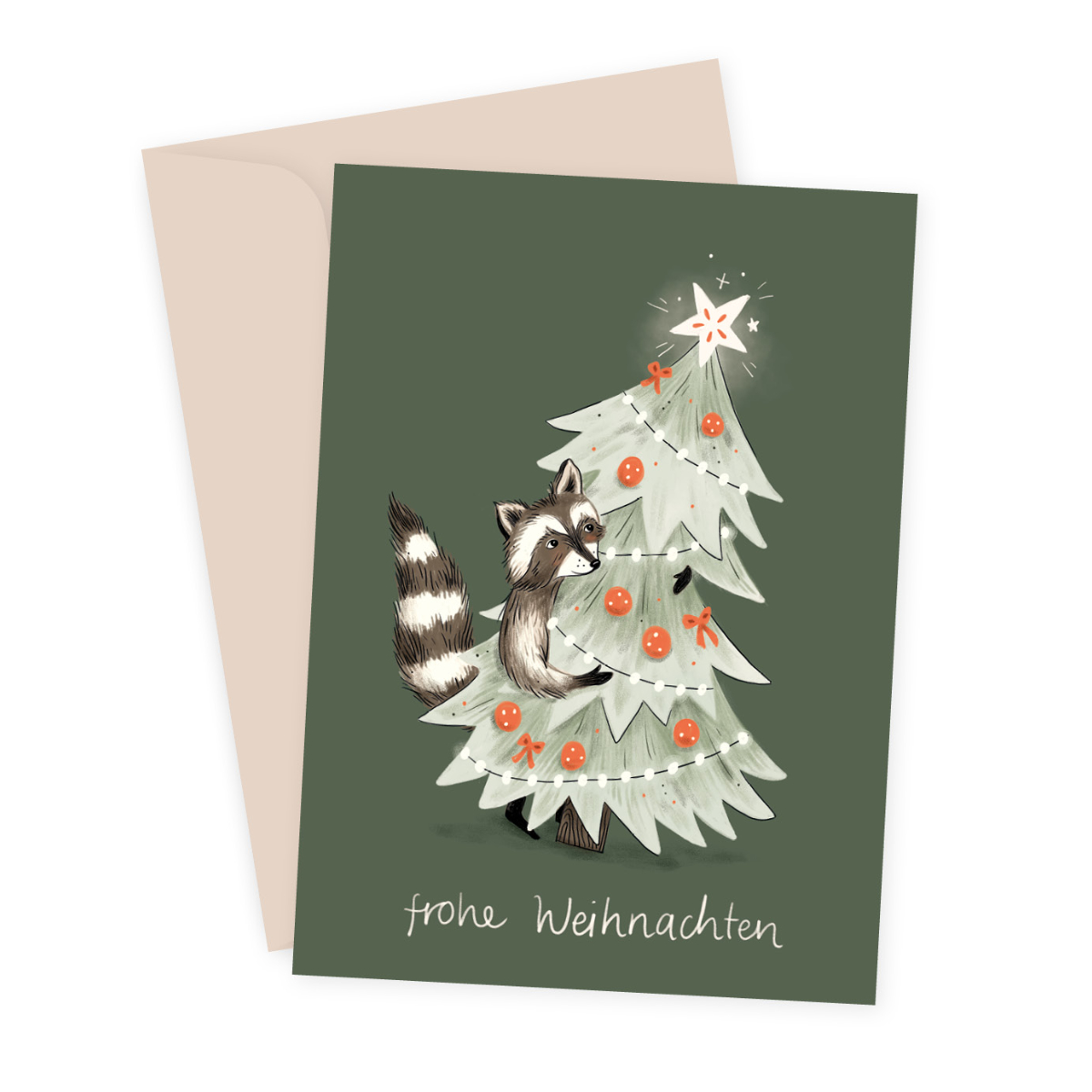 Weihnachtskarte, Racoon, Weihnachtsbaum, Tannenbaum, Lichterkette