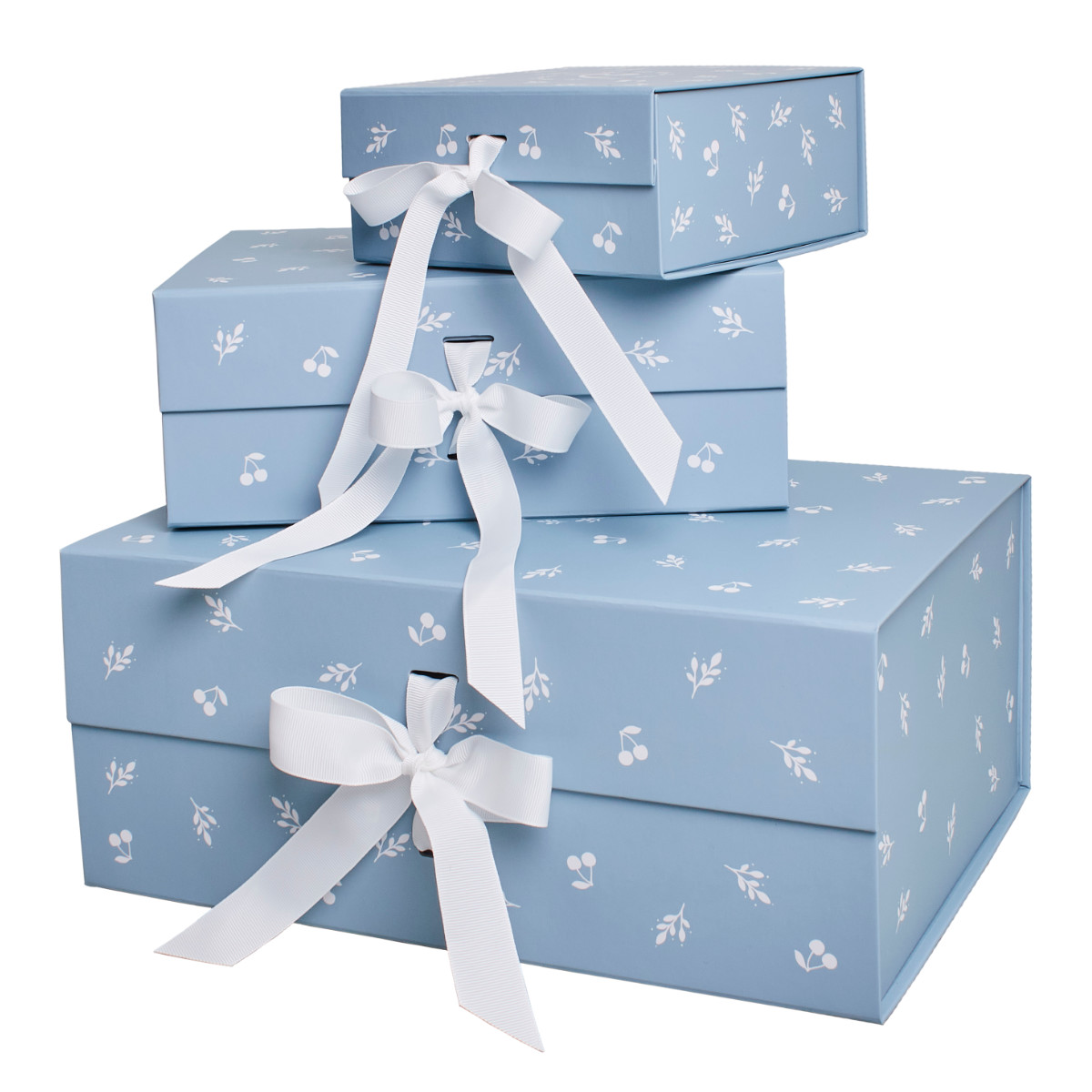 Geschenkverpackung, Geschenkbox, blaue Boxen, Weißes Band, Schachtel-Set
