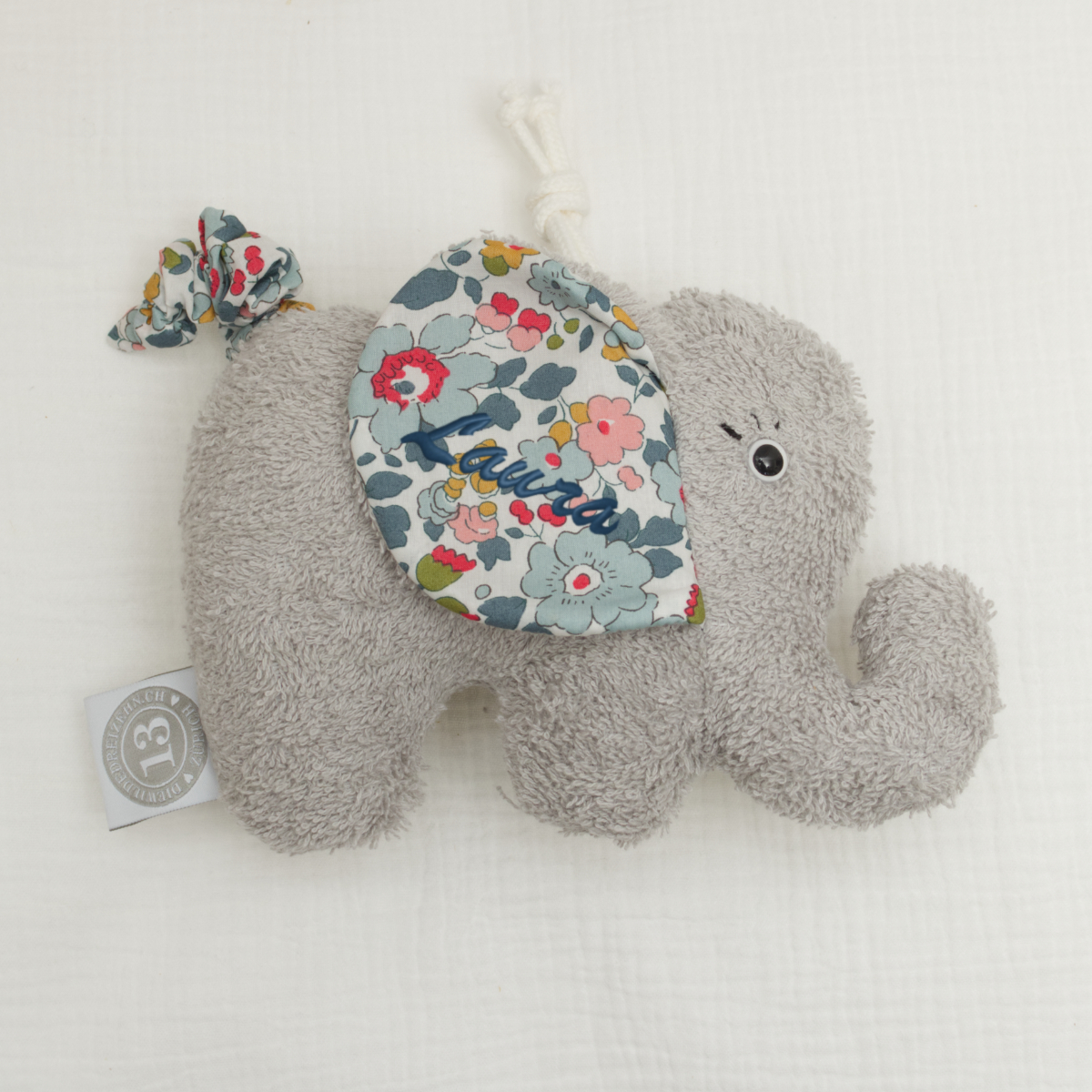 Elephant plush, Gray plush toy, Floral ear patch, Soft stuffed animal, Baby toy accessory