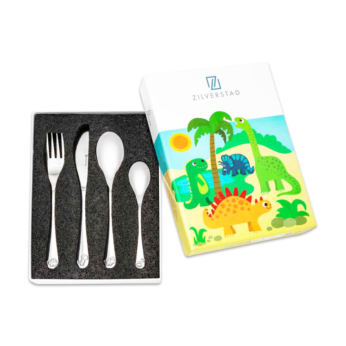 Kinderbesteck, Gabel, Löffel, Dinosäier-Set, Schwarz-Schaumstoffeinsatz