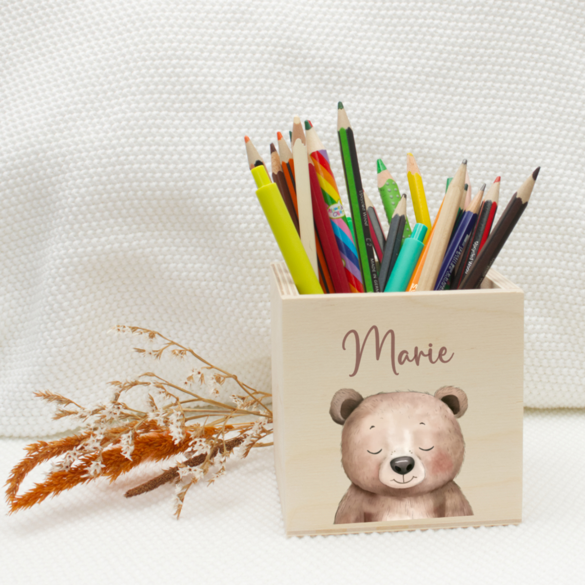 Bleistiftbehälter, Buntstifte, Holzbox, Bärendesign, Kinderzubehör