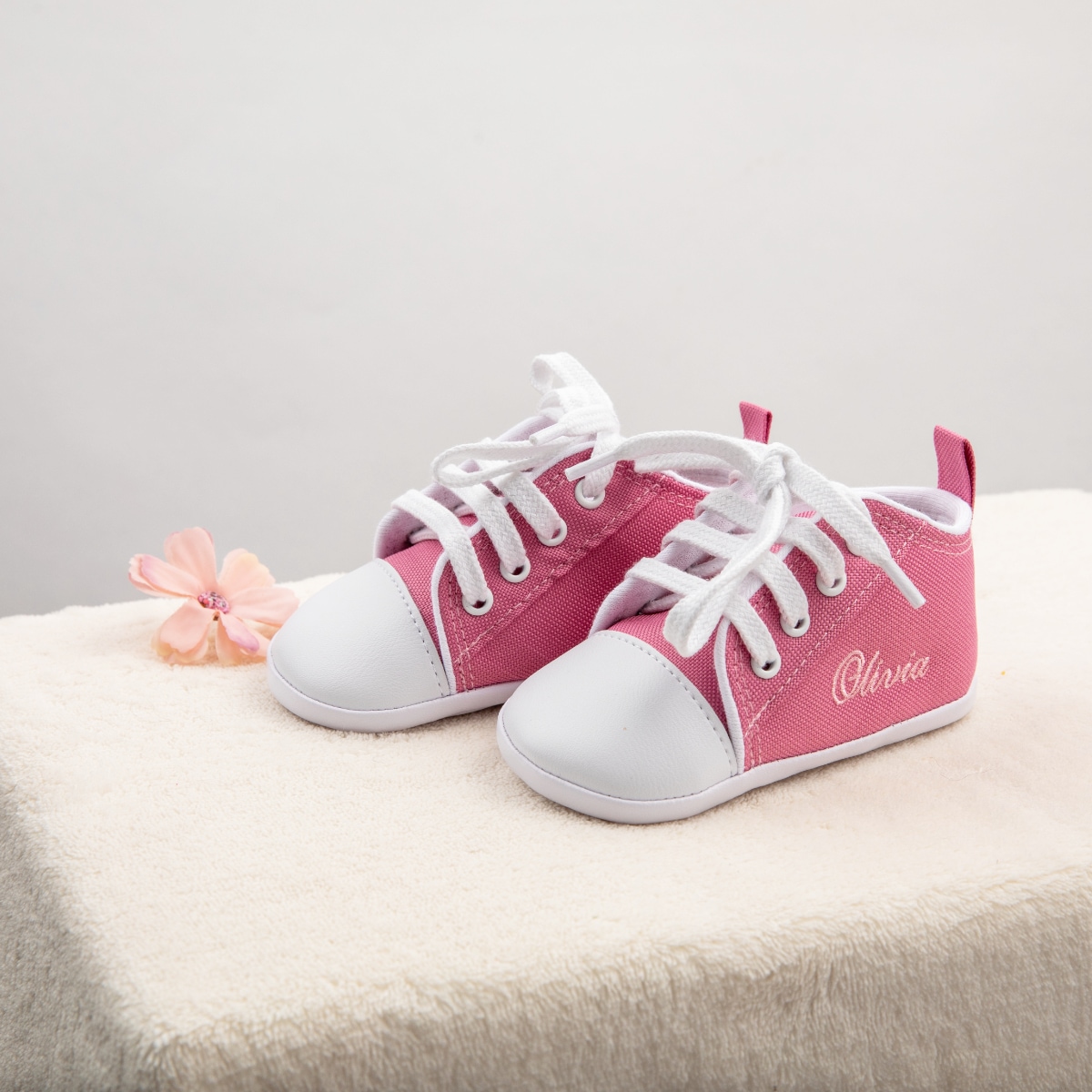Baby shoes, Pink sneakers, White toe caps, Lace-up, Canvas