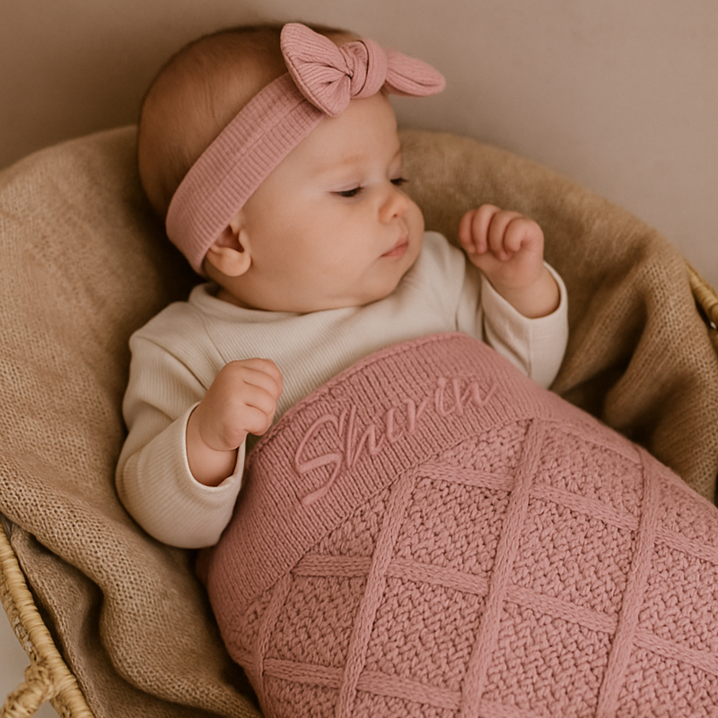 baby, baby girl, headband, knitted blanket, wrap blanket