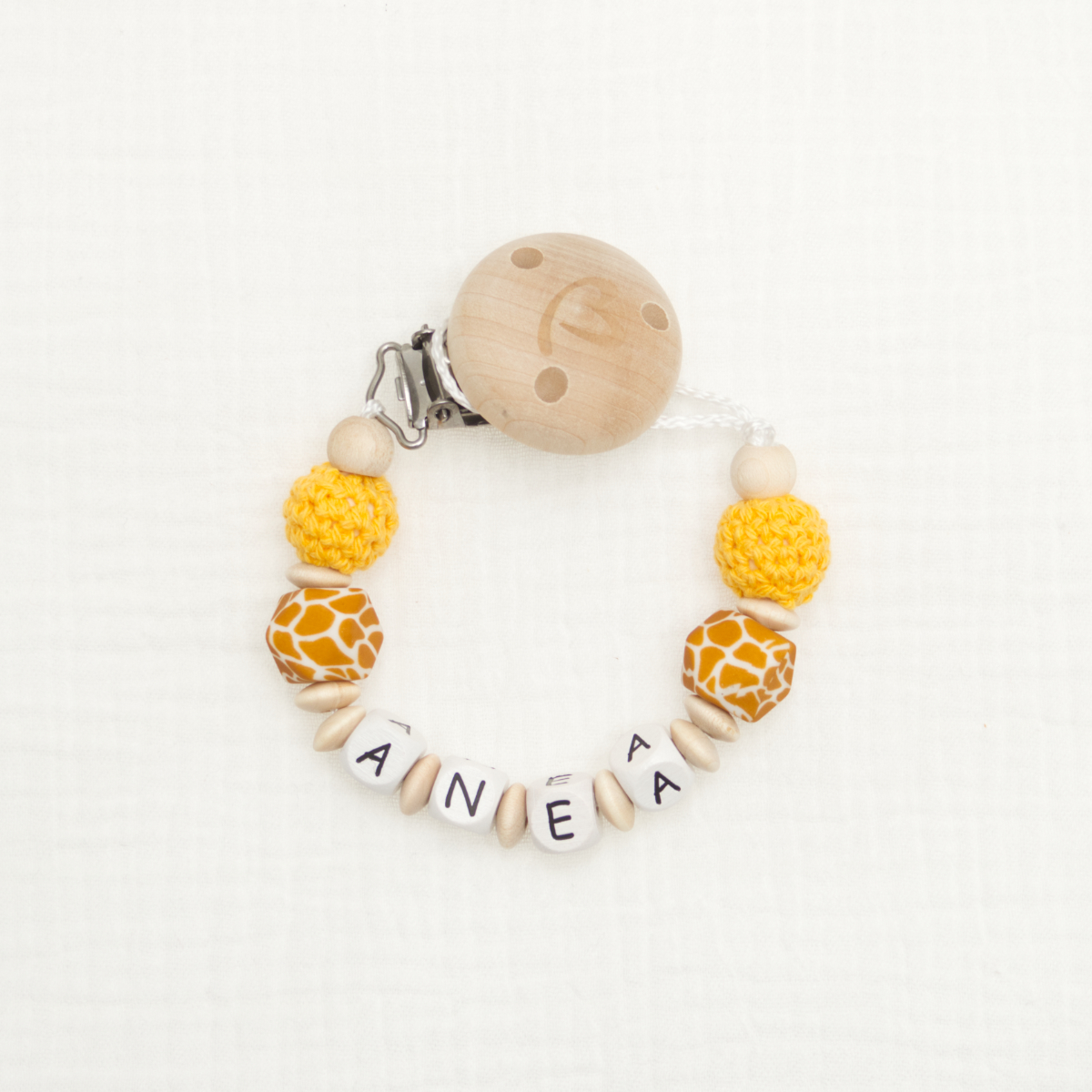 Baby Rattle, Perlen, Holz, Gelb Häkel, Alphabet Buchstaben