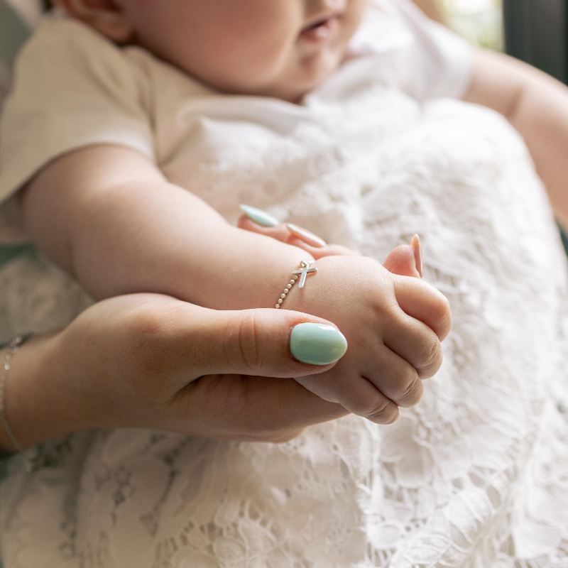 baby, baby hand, lace dress, ring, nail polish