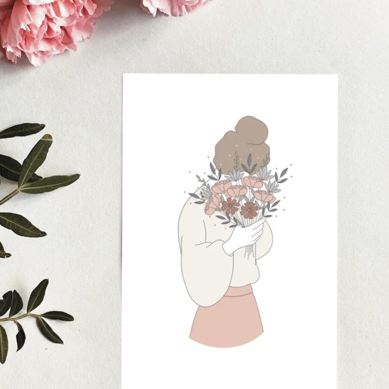 illustration, flowers, bouquet, woman, pastel