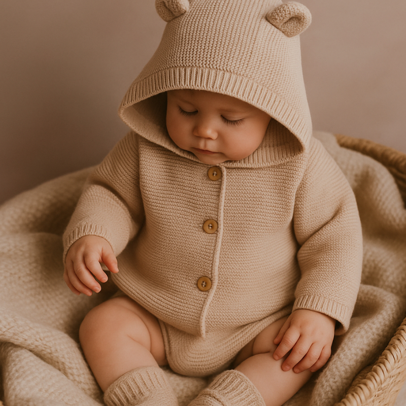 baby, romper, gestrickt, kapuze, beige