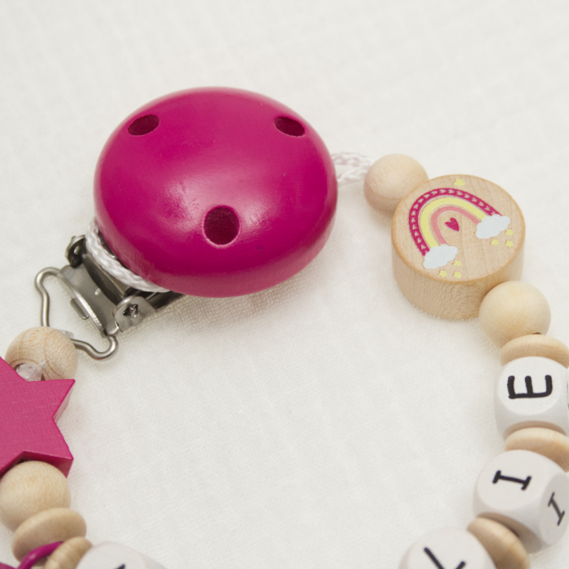 pink bell, wooden beads, regenbogen anhänger, edelstahl clip?, baby kieferkette?