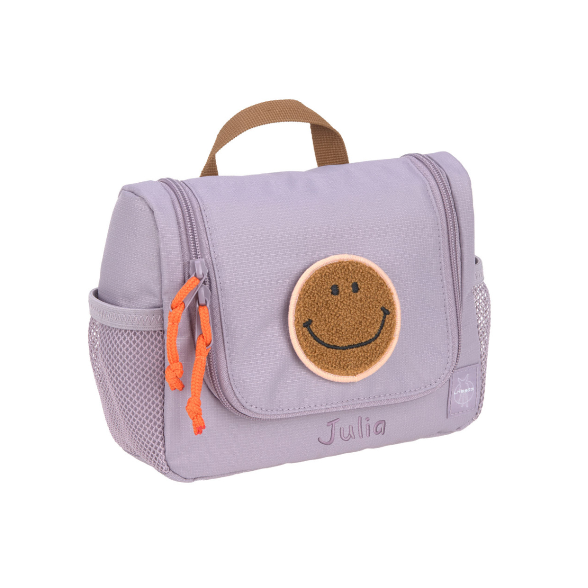 nappy bag, lunch bag, purple bag, smiley patch, front flap