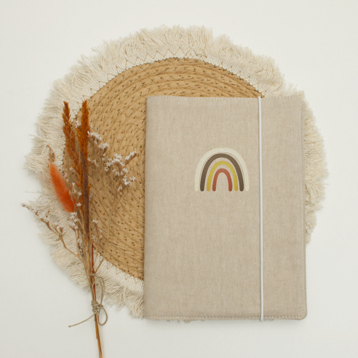 notizbuch, tagebuch, stickerei, regenbogen, elastischer verschluss