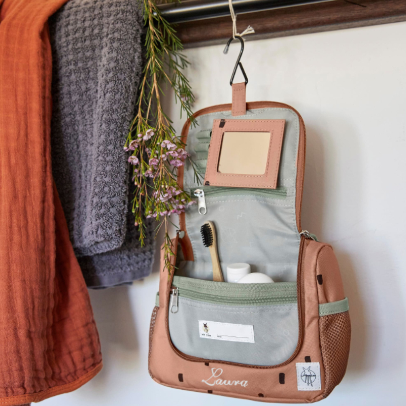 hängender Reiseorganisator, Kosmetikaufbewahrung, rosa-braun Brieftasche, mehrere Fächer, Pinsel- und Flaschenhalter