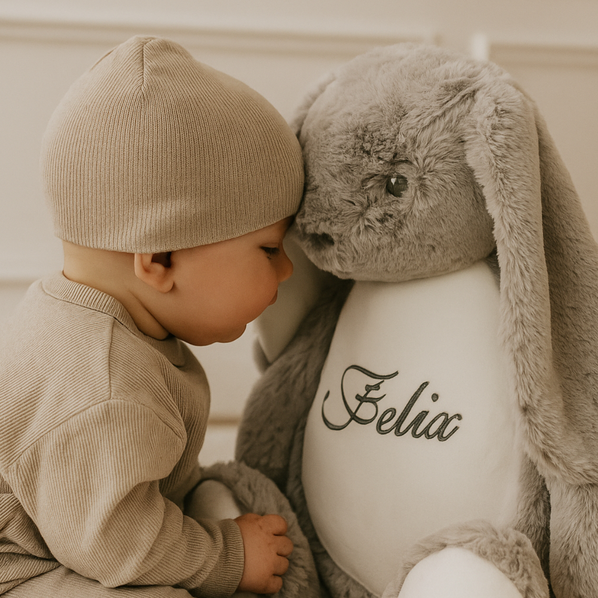 baby, Kopfbedeckung, Plüschhase, Stofftier, Stofftier mit Bauchlabel