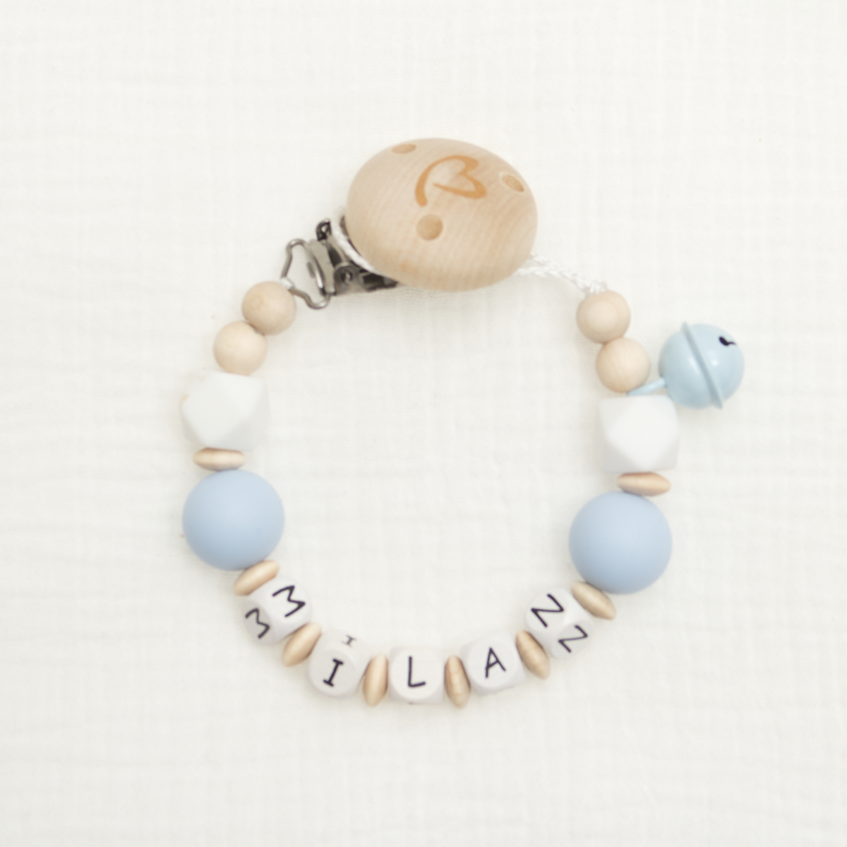 baby bracelet, perlen, holz, blau, buchstaben
