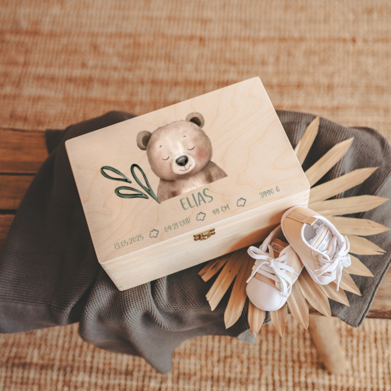 Holzbox, Babygeschenk, Kuscheltier, Schuhe, Personalisierte Box