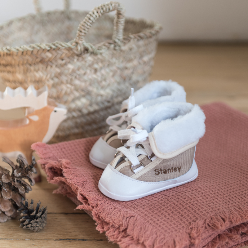Baby Schuhe, Stiefel Baby,  Fellfutter, taupe, Schnürstiefel