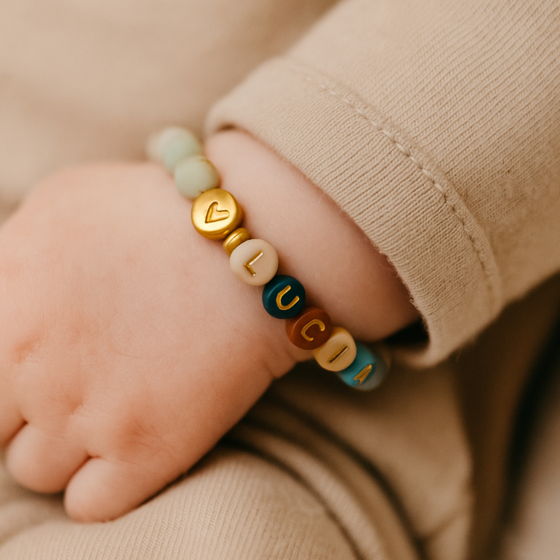 baby bracelet, beaded bracelet, alphabet beads, gold and teal, soft fabric clothing