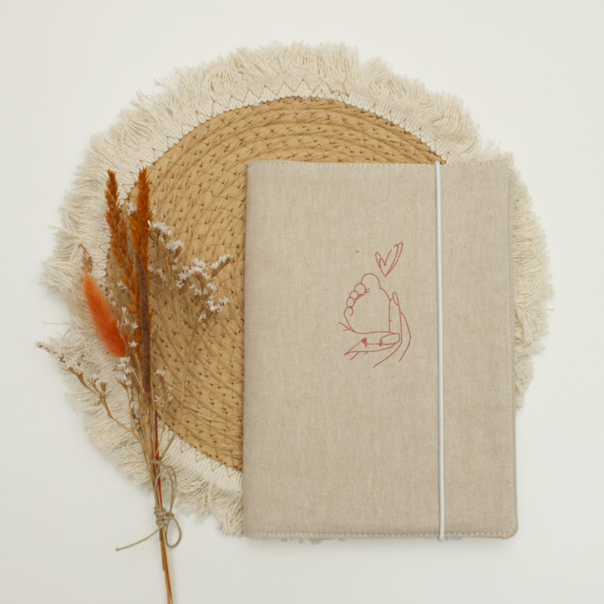 Notizbuch, Leinen, Beige, Gummiband, Papier-Notizbuch