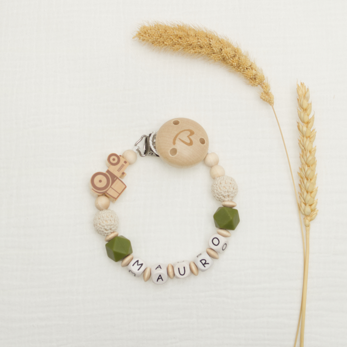 Baby-Armband, Holzperlen, grüne Perlen, Alphabetperlen, Stoffschnalle