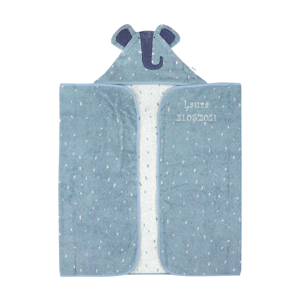 Babydecke, Bärenkapuze, blaue Decke, Pünktchenmuster, personalisierter Name