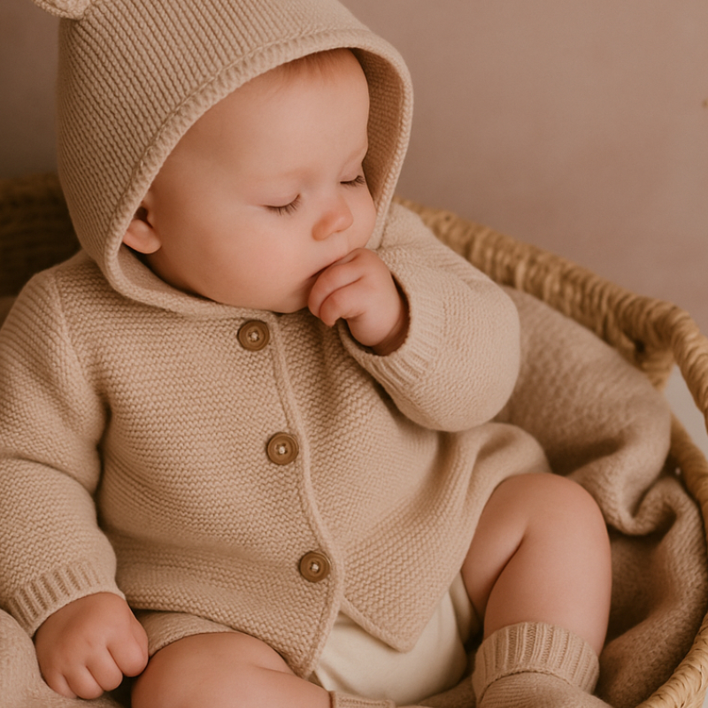 baby, knit cardigan, beanie, neutral, basket