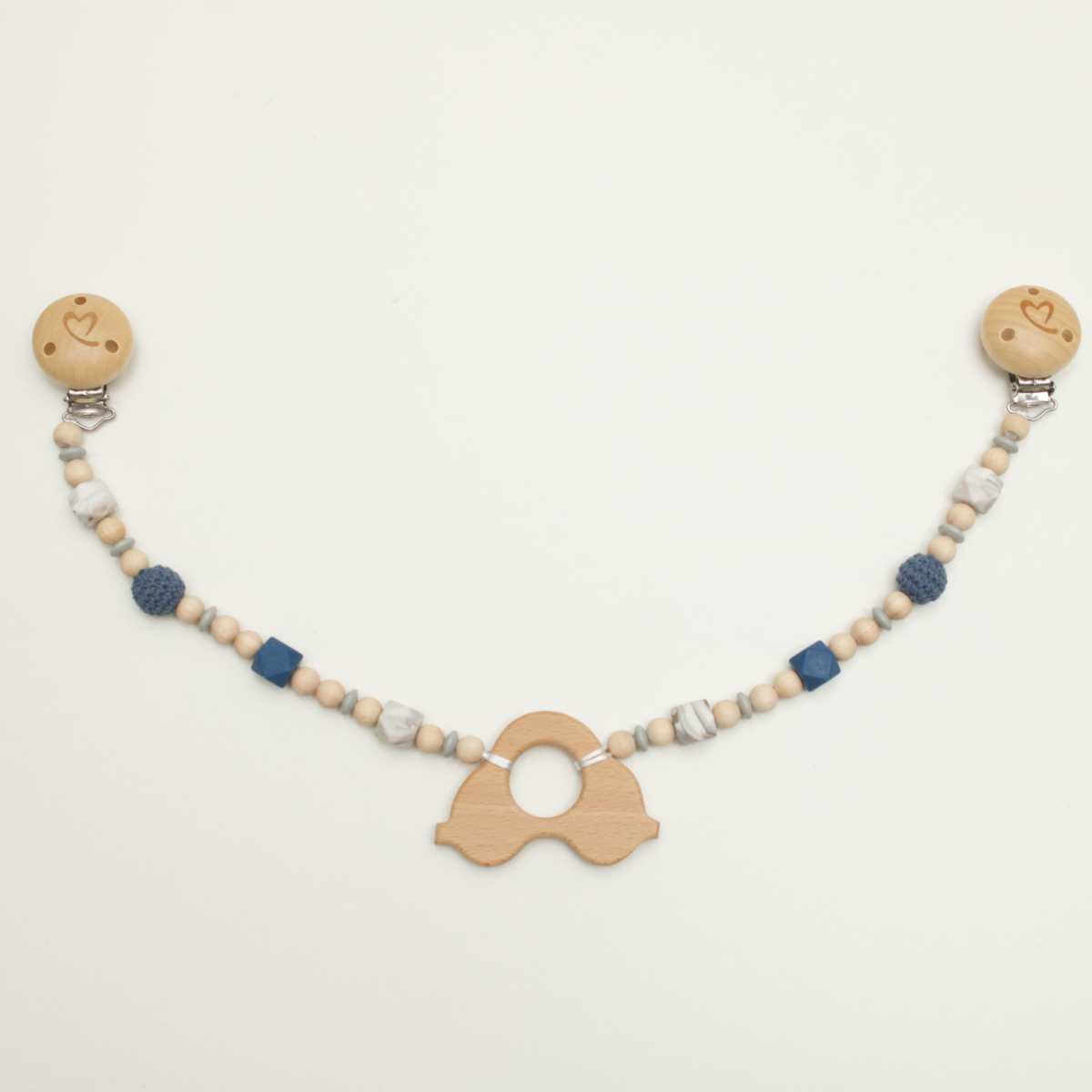 holzbabykette, kinderwagenkette, holzperlen, autoanhänger, blau-beige
