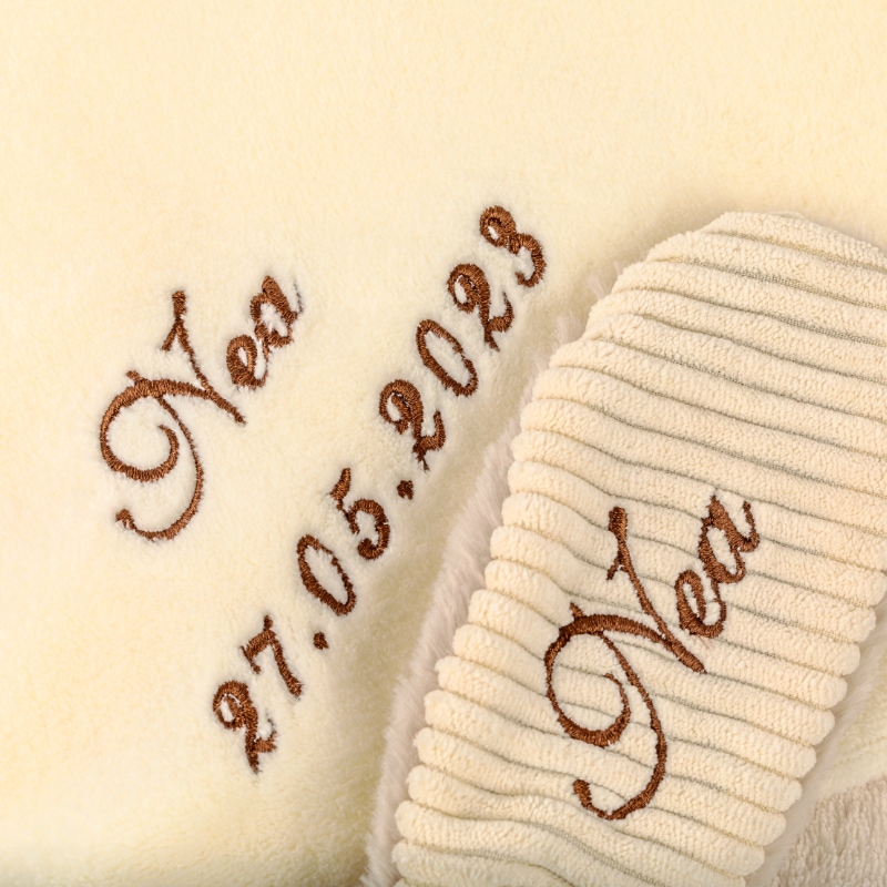 fleece, embroidered, creme, name, date
