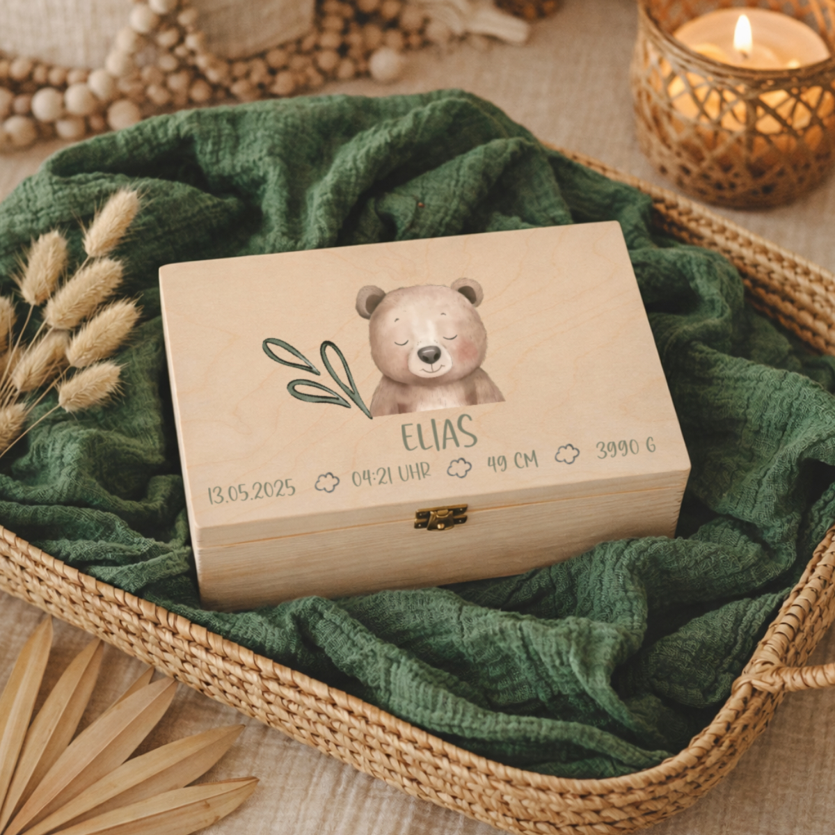 Holzbox, Personalisierte Box, Babybox, Panda-Motiv, Gravur/Details