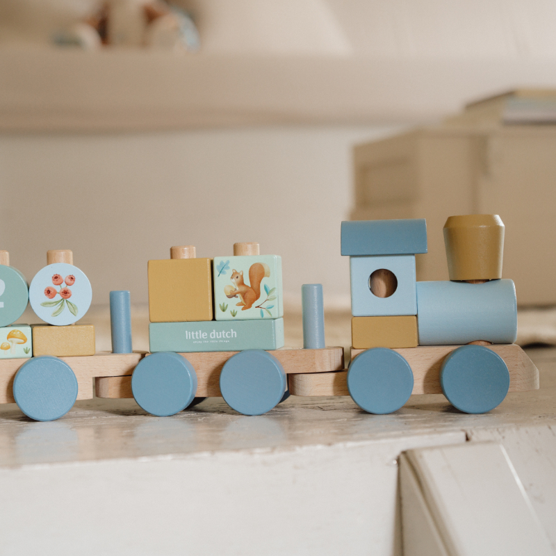 Holzspielzeug, Trainsetz, Puppenwagen, Blau, Kinderzimmerdeko