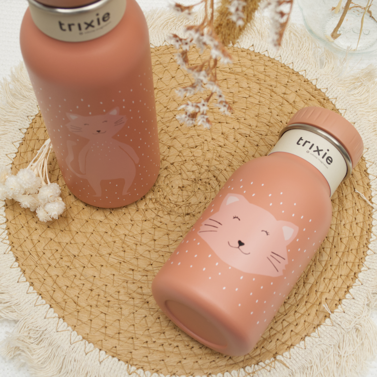Trinkflasche, Kinderflasche, Pastellrosa, Katzenmotiv, Stahlverschluss