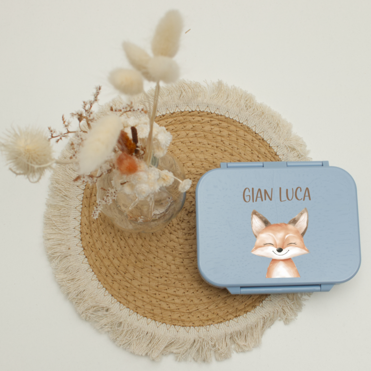 blaue brotdose, Fuchs Illustration, personalisierter Name, Kinderbrotdose, runde Strohmatte