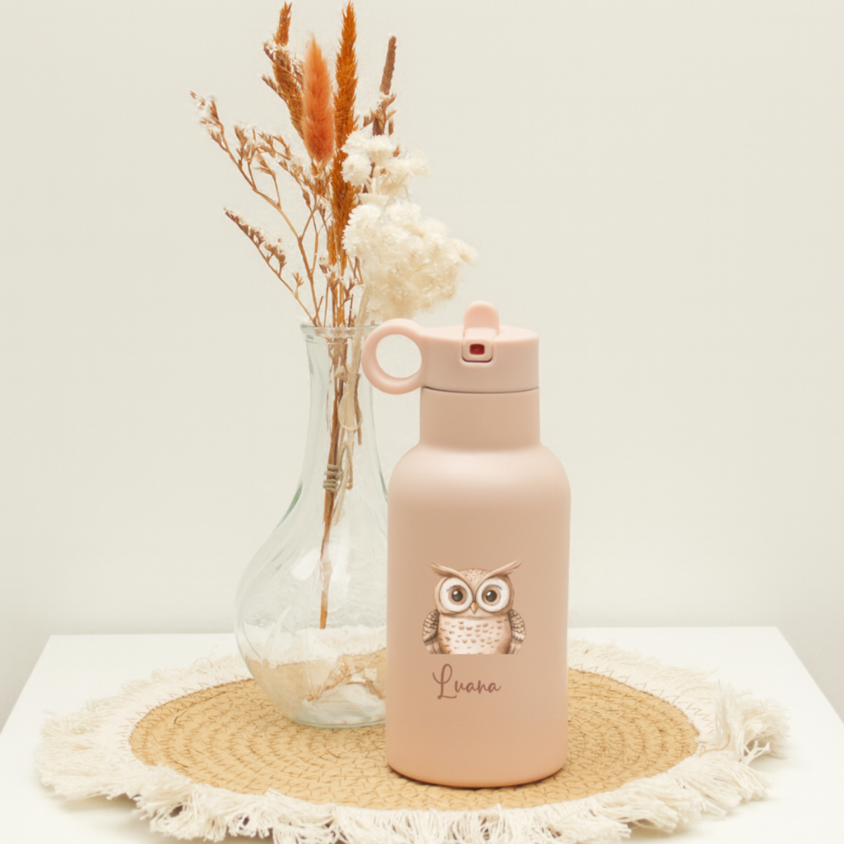 Trinkflasche, Wasserflasche, Eulenmotiv, Rosa, Plastik