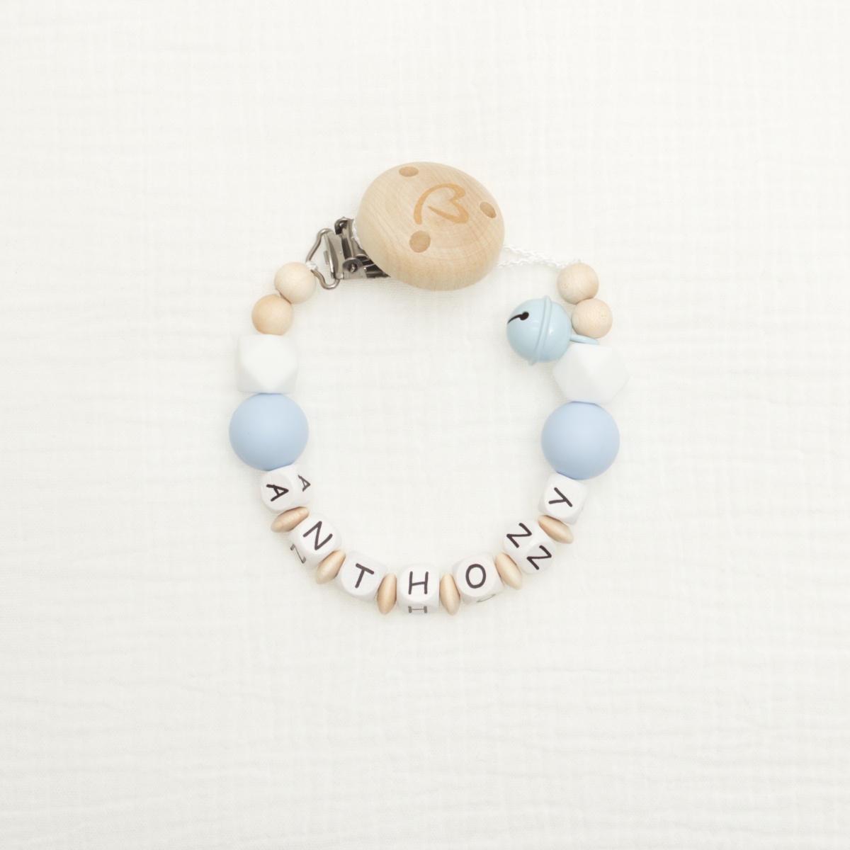 Armband, Perlen, Holz, Blau, Alphabet
