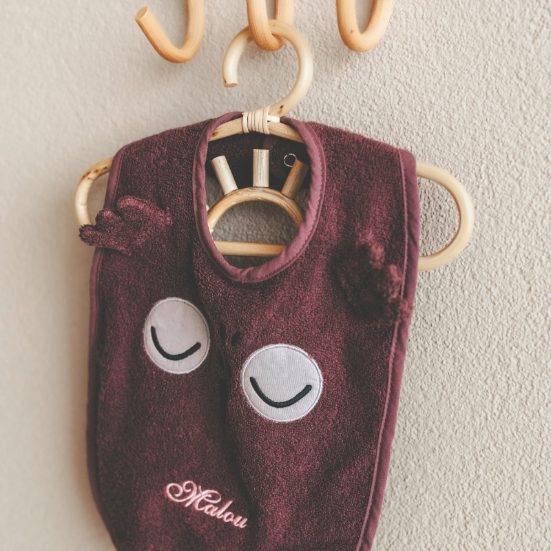 baby bib, maroon bib, cotton bib, cute eyes, embroidery