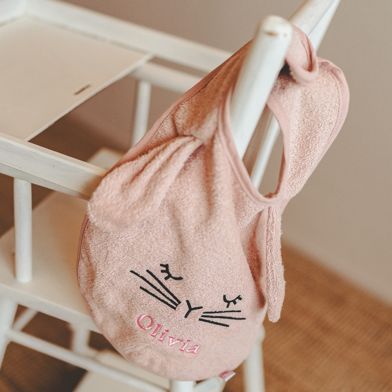 baby bib, pink bib, cat face print, soft bib, Olivia