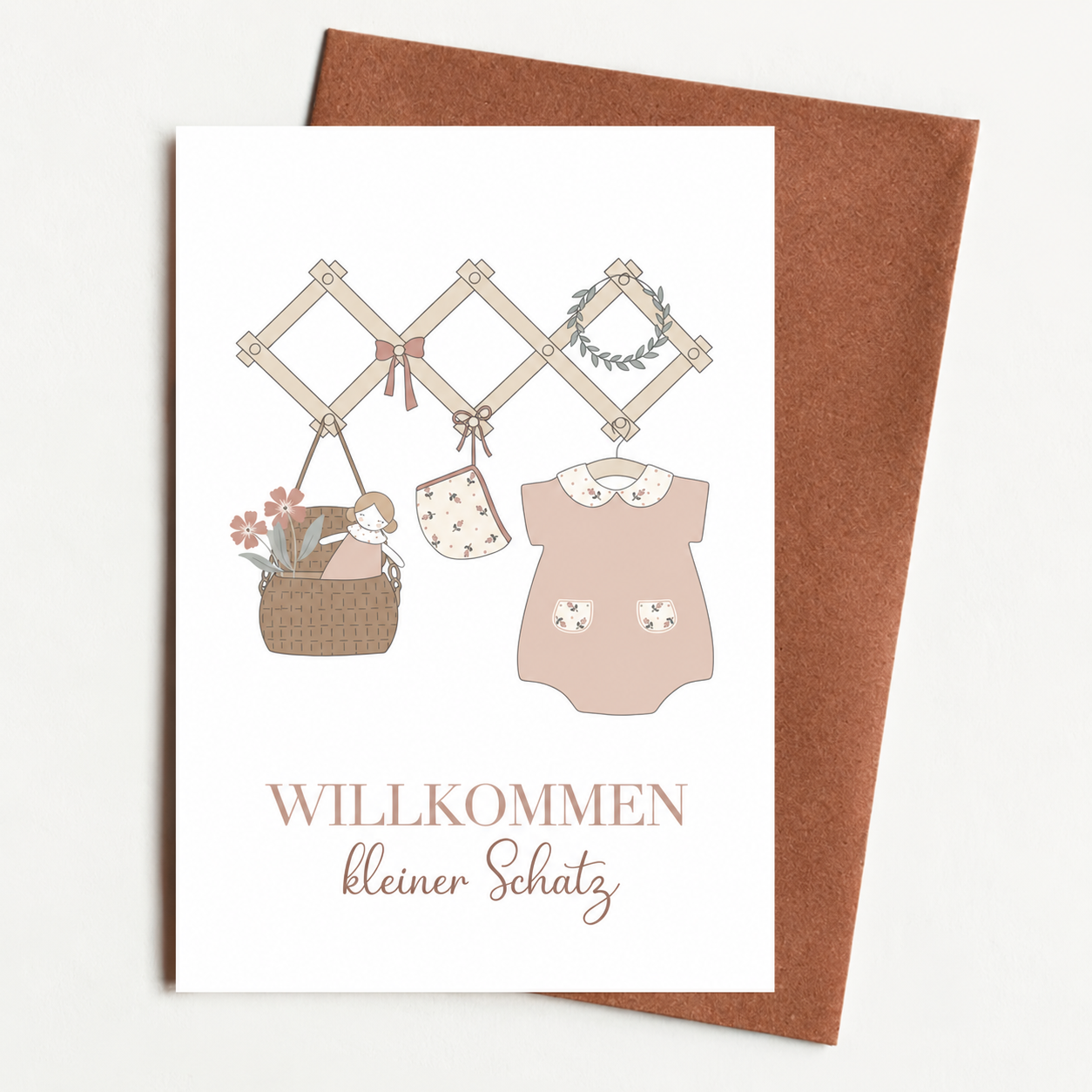 baby, Karte, Babykleidung, Rosa, Korb