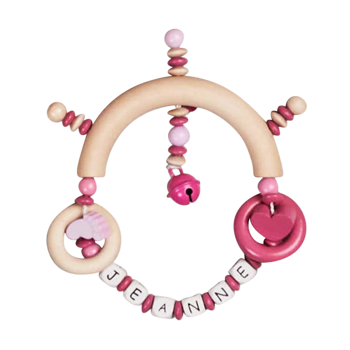 baby rattle, perlenakzent, holzring, pink farbe, perlenarmband