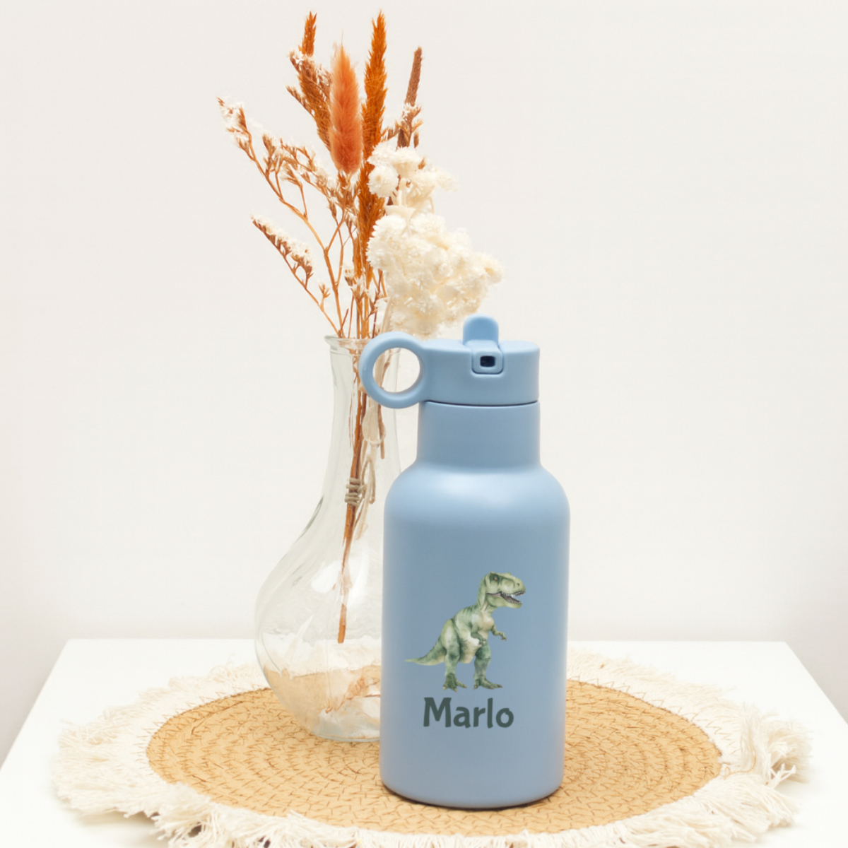 wasserflasche, babyblau, dinosaurier, dinosaurier-aufdruck, wiederverwendbare-flasche