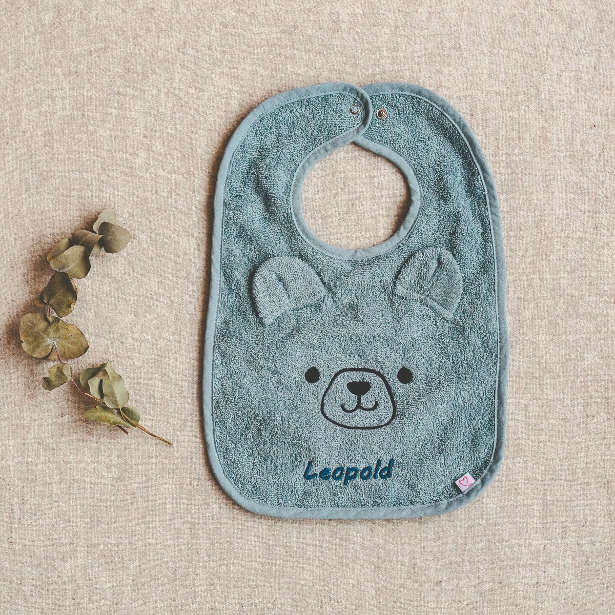 baby bib, toddler bib, soft towel, bear face, blue gray