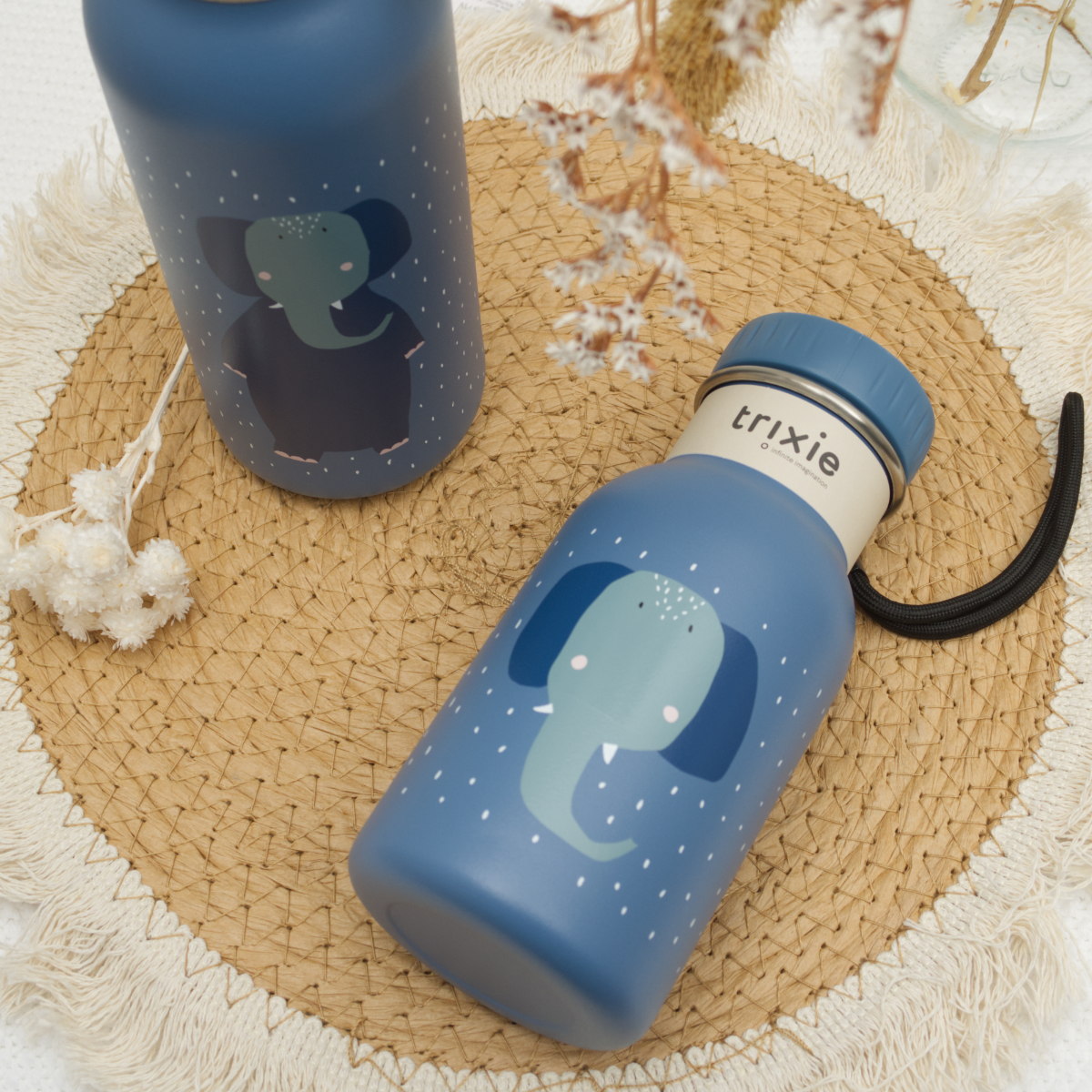 Wasserflasche, Trinkflasche, Elefantenmotiv, Nebelblau, Kugelverschluss