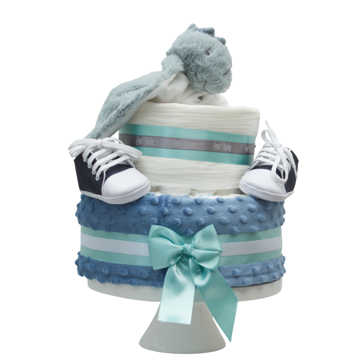 Baby shower kuchen, Blau zweifarbig, Schleife Band, Punkte Textur, Schuhe auf Kuchen