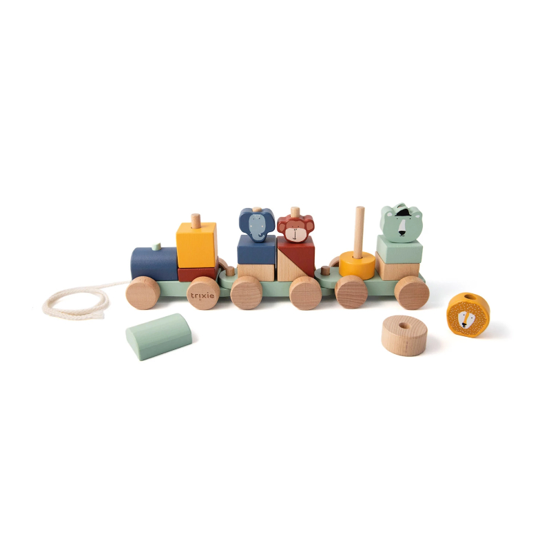 Holzspielzeug, Kinderzug, Bausteine, Tierfiguren, Rundholzrollen