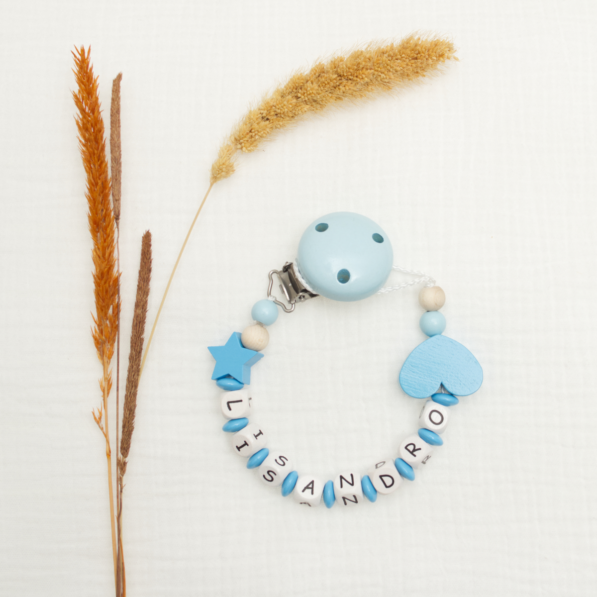 baby PACIFIER CLIP, wooden beads, blue pacifier clip, star bead, heart bead