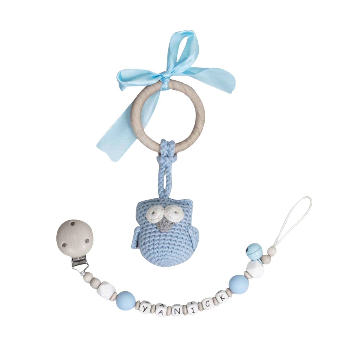 baby rattle, blauer Eulenanhänger, Knotenring, Holzclip, Perlen-Schnuller-Kette