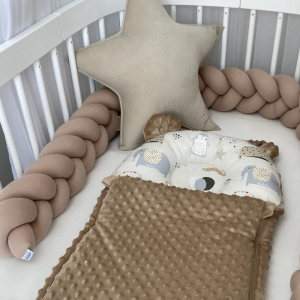 Baby Schlafsack mit Bärenohren, Beige Minky &amp; Tiermotive