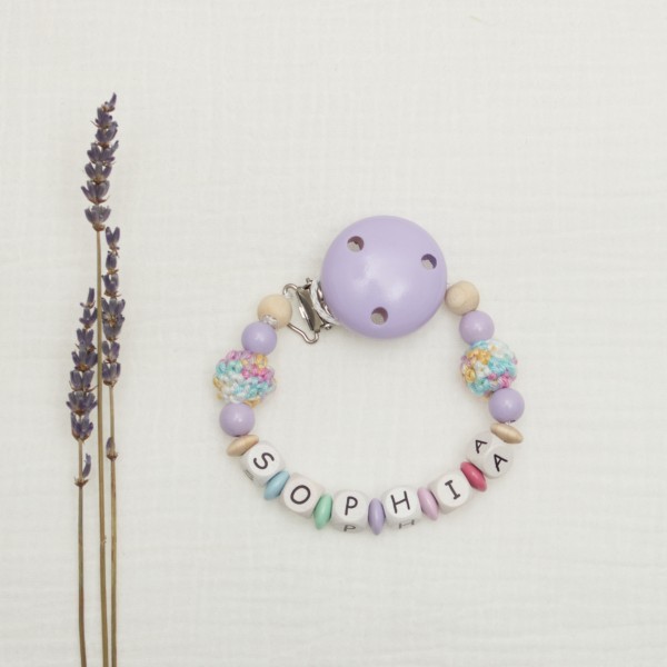 Baby dummy chain with name, play of colours lilac