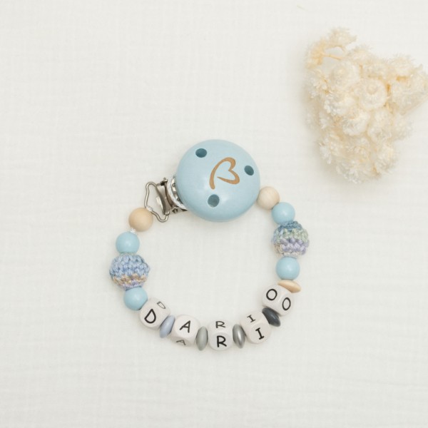 Baby dummy chain with name, play of colours light blue